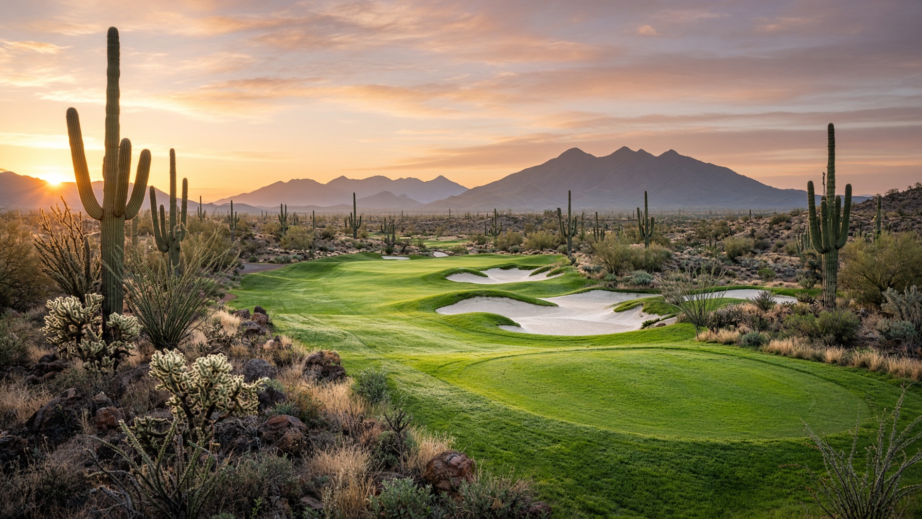 Championship desert golf fairway at a Rio Verde Arizona home community with Four Peaks on the horizon